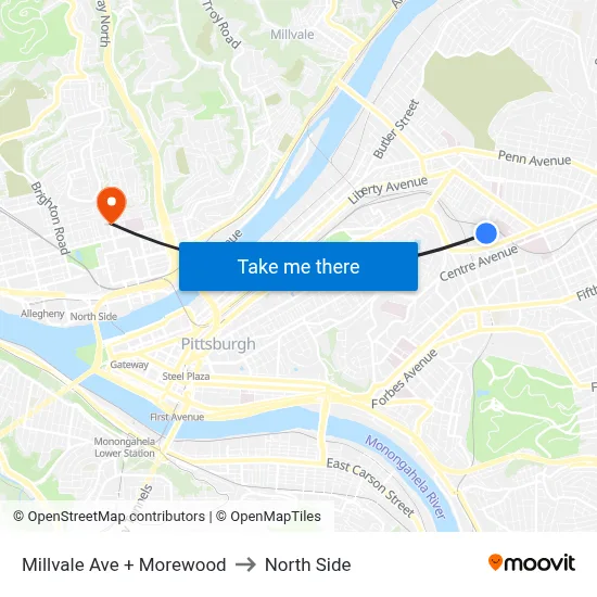 Millvale Ave + Morewood to North Side map