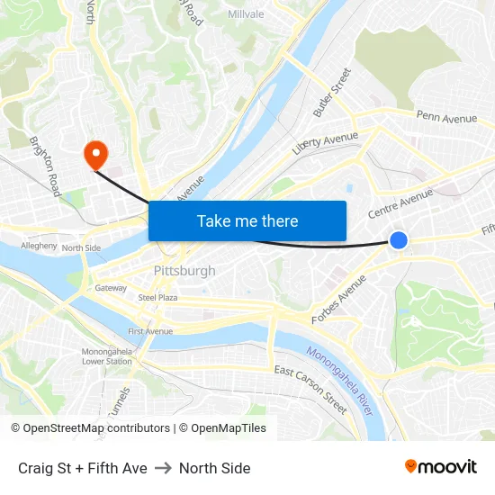Craig St + Fifth Ave to North Side map