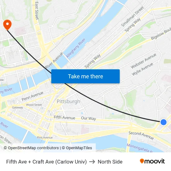 Fifth Ave + Craft Ave (Carlow Univ) to North Side map