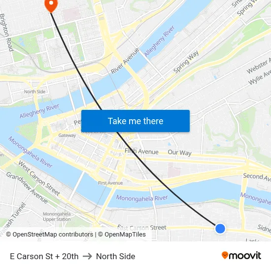 E Carson St + 20th to North Side map
