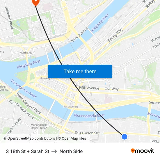 S 18th St + Sarah St to North Side map