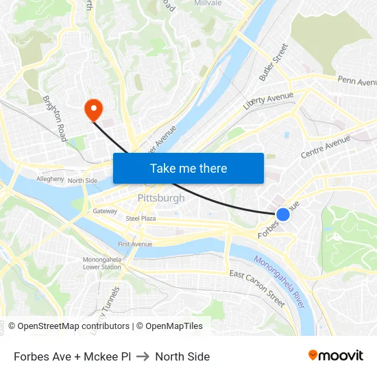 Forbes Ave + Mckee Pl to North Side map