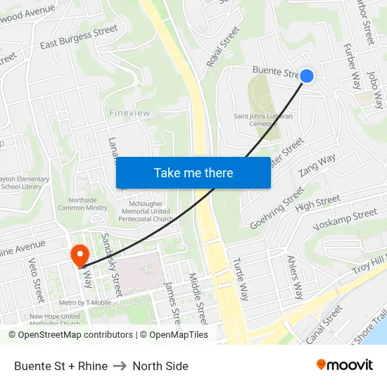 Buente St + Rhine to North Side map