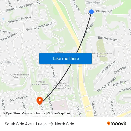 South Side Ave + Luella to North Side map