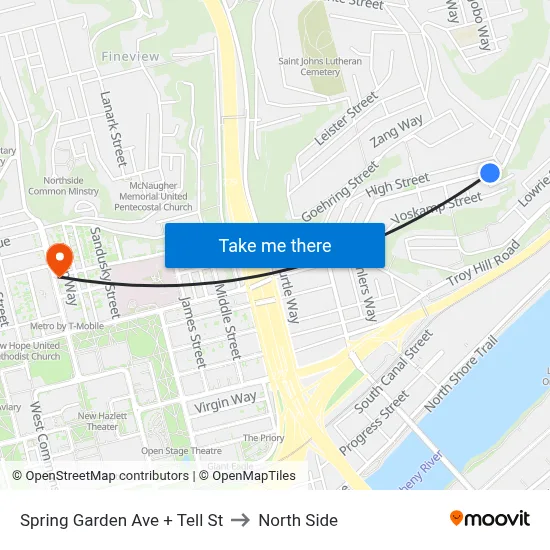 Spring Garden Ave + Tell St to North Side map