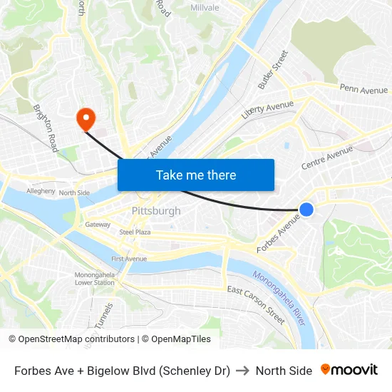 Forbes Ave + Bigelow Blvd (Schenley Dr) to North Side map