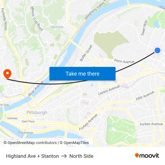 Highland Ave + Stanton to North Side map