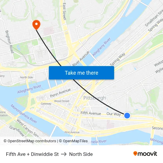 Fifth Ave + Dinwiddie St to North Side map