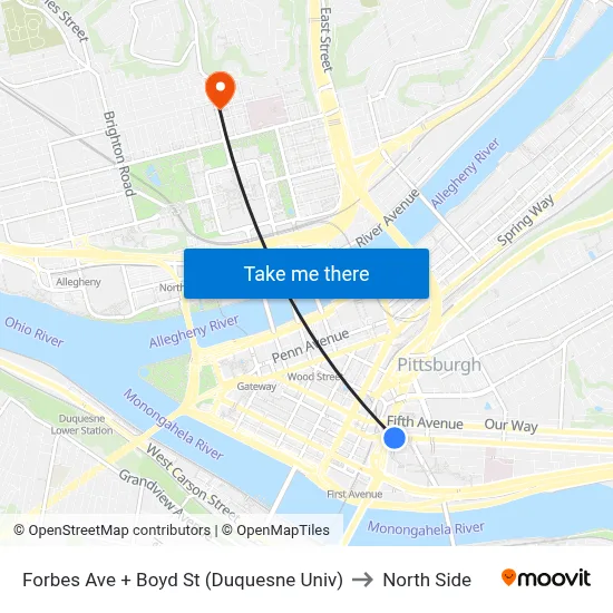 Forbes Ave + Boyd St (Duquesne Univ) to North Side map
