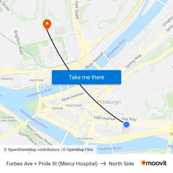Forbes Ave + Pride St (Mercy Hospital) to North Side map