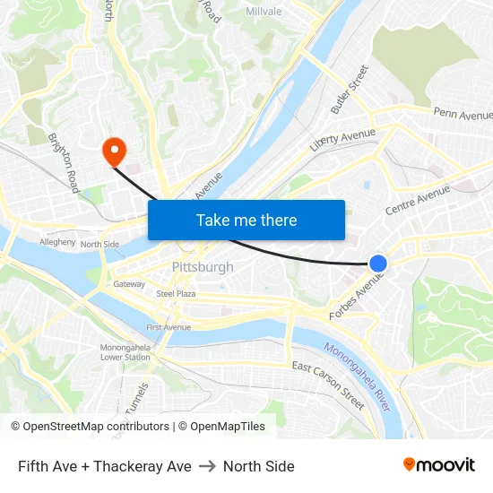 Fifth Ave + Thackeray Ave to North Side map