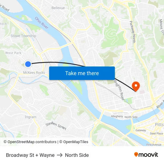 Broadway St + Wayne to North Side map