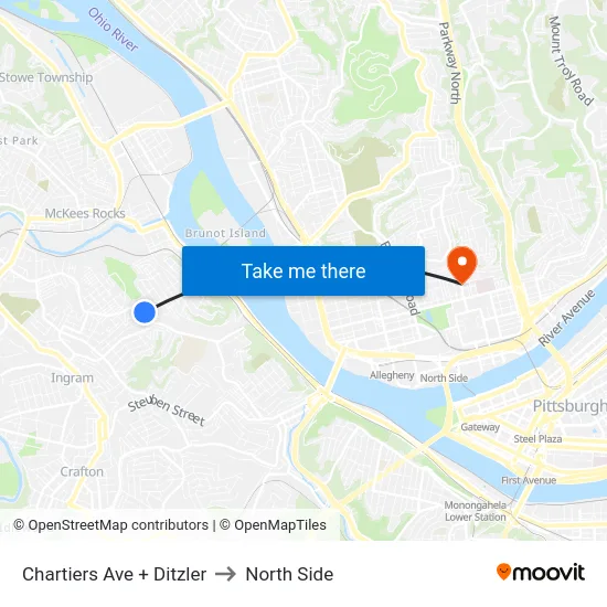 Chartiers Ave + Ditzler to North Side map
