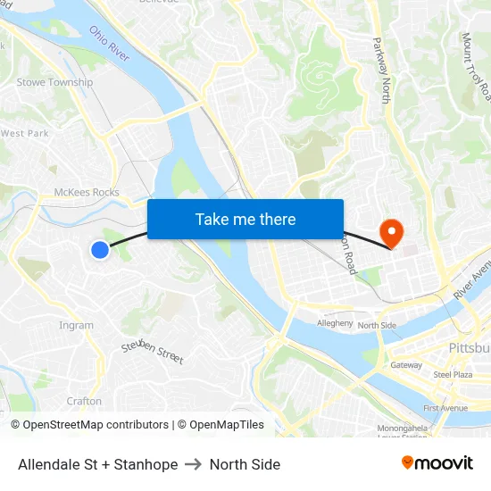 Allendale St + Stanhope to North Side map