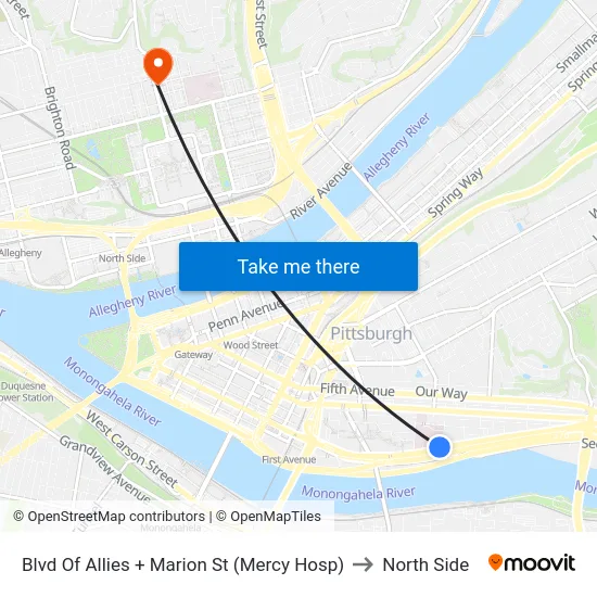 Blvd Of Allies + Marion St (Mercy Hosp) to North Side map