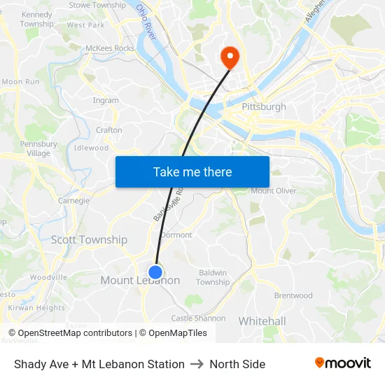 Shady Ave + Mt Lebanon Station to North Side map