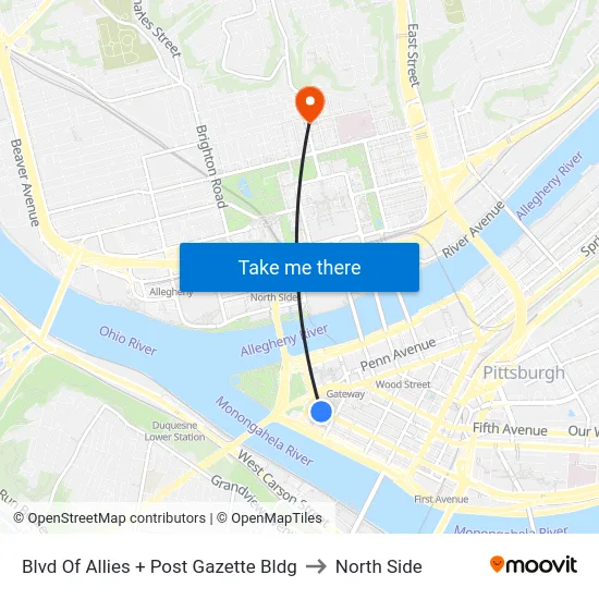Blvd Of Allies + Post Gazette Bldg to North Side map