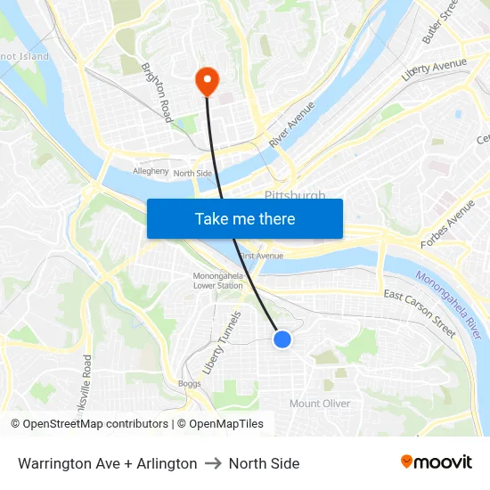 Warrington Ave + Arlington to North Side map