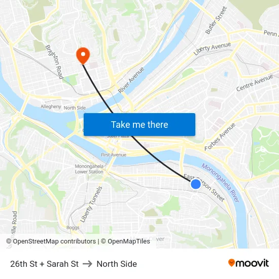 26th St + Sarah St to North Side map