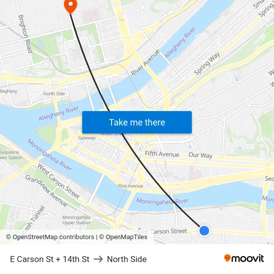 E Carson St + 14th St to North Side map