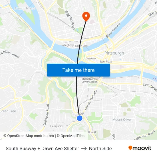 South Busway + Dawn Ave Shelter to North Side map