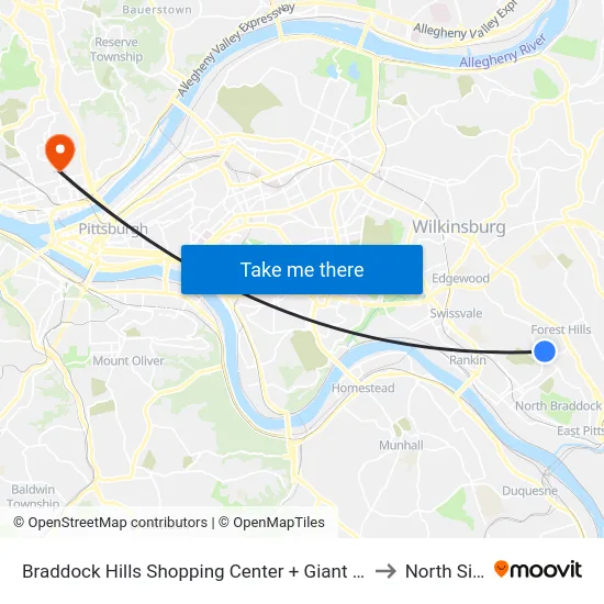 Braddock Hills Shopping Center + Giant Eagle to North Side map