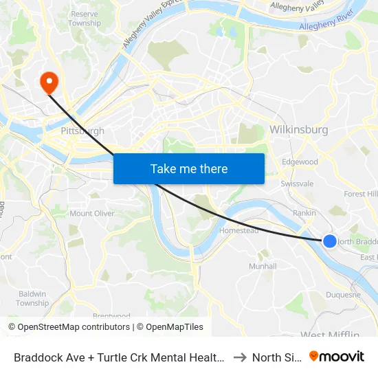 Braddock Ave + Turtle Crk Mental Health Ctr to North Side map