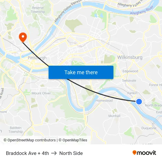 Braddock Ave + 4th to North Side map