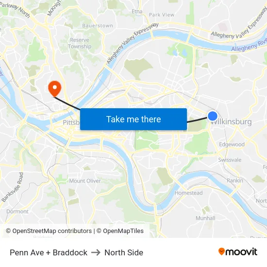 Penn Ave + Braddock to North Side map