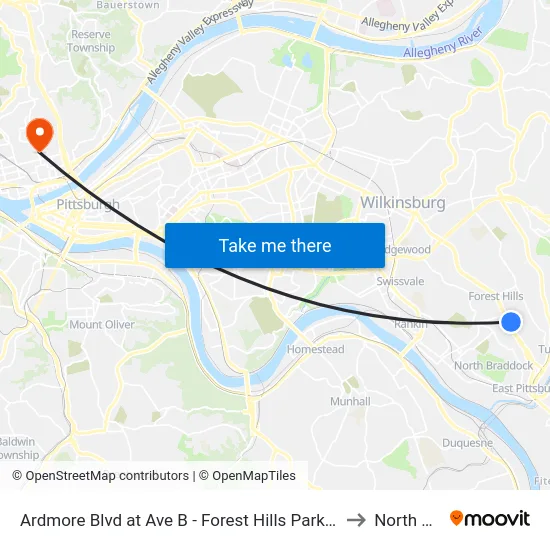Ardmore Blvd at Ave B - Forest Hills Park And Ride to North Side map