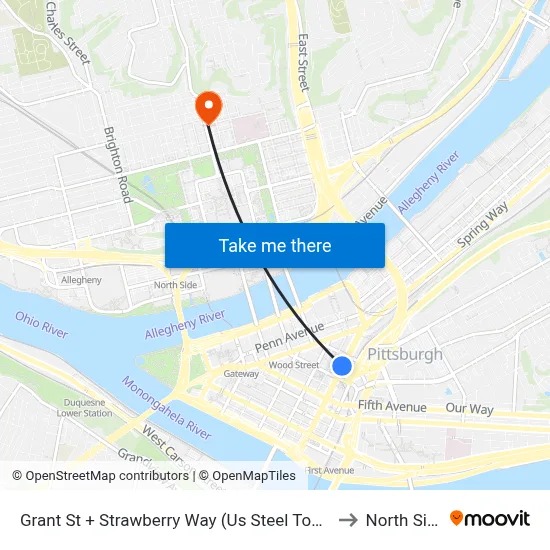 Grant St + Strawberry Way (Us Steel Tower) to North Side map