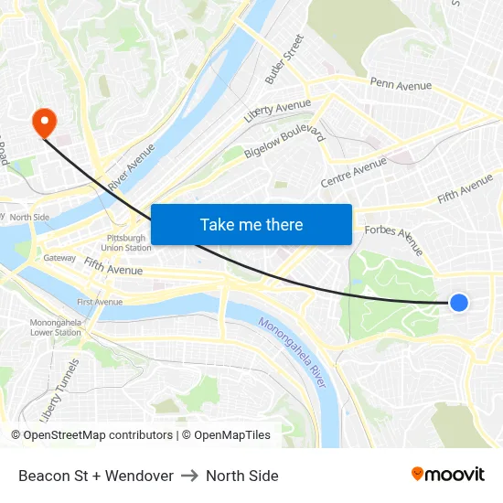 Beacon St + Wendover to North Side map