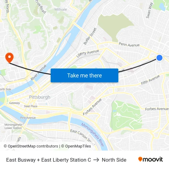 East Busway + East Liberty Station C to North Side map