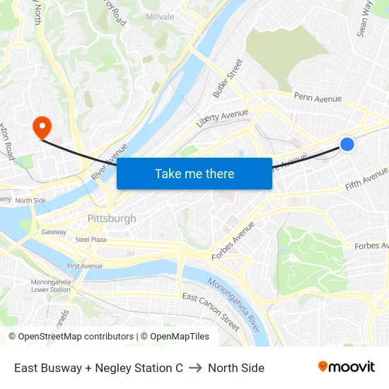 East Busway + Negley Station C to North Side map