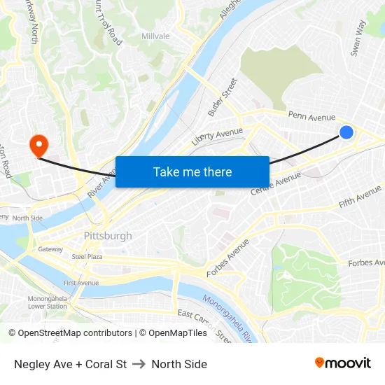 Negley Ave + Coral St to North Side map