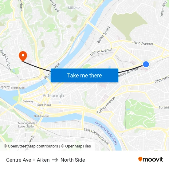 Centre Ave + Aiken to North Side map