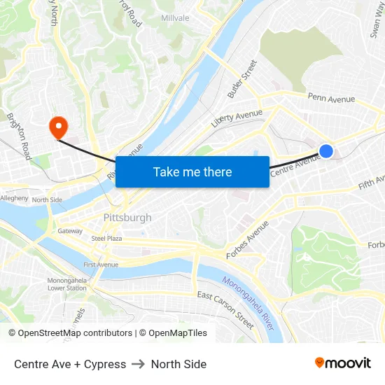 Centre Ave + Cypress to North Side map