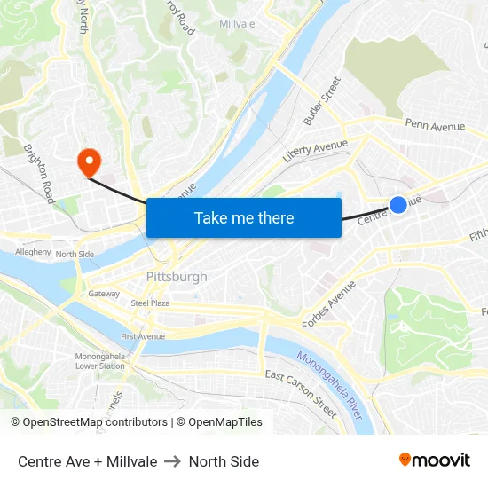 Centre Ave + Millvale to North Side map
