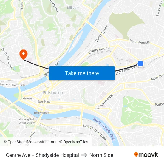 Centre Ave + Shadyside Hospital to North Side map