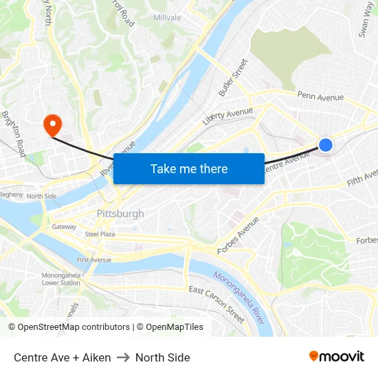 Centre Ave + Aiken to North Side map