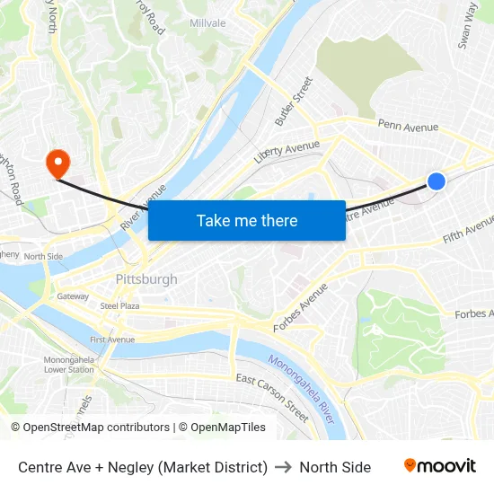 Centre Ave + Negley (Market District) to North Side map