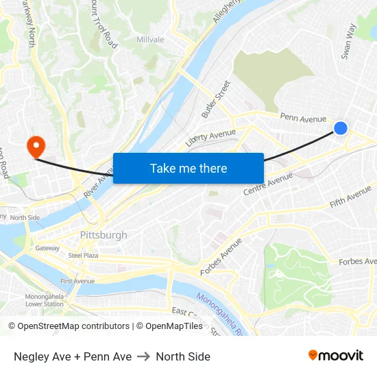 Negley Ave + Penn Ave to North Side map