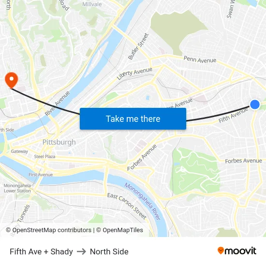 Fifth Ave + Shady to North Side map