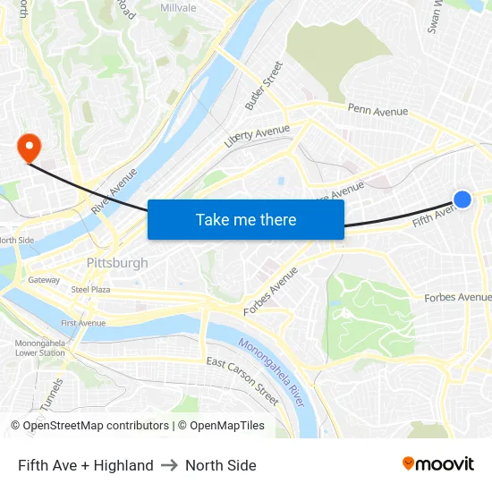 Fifth Ave + Highland to North Side map