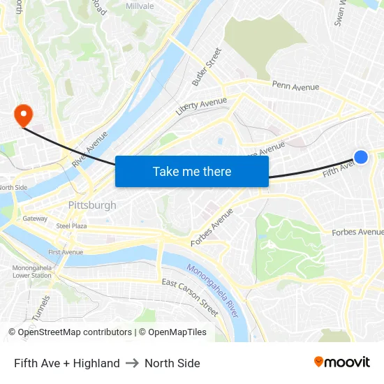 Fifth Ave + Highland to North Side map