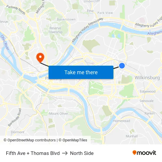 Fifth Ave + Thomas Blvd to North Side map