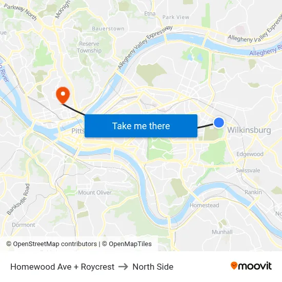 Homewood Ave + Roycrest to North Side map
