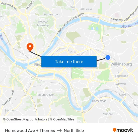 Homewood Ave + Thomas to North Side map