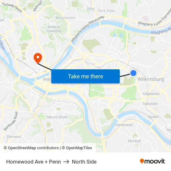 Homewood Ave + Penn to North Side map