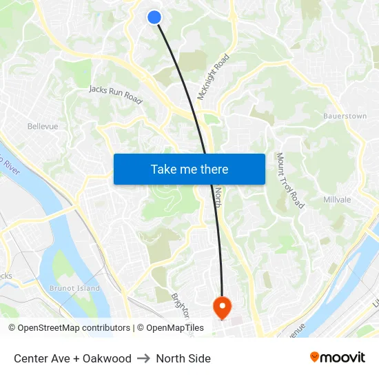 Center Ave + Oakwood to North Side map